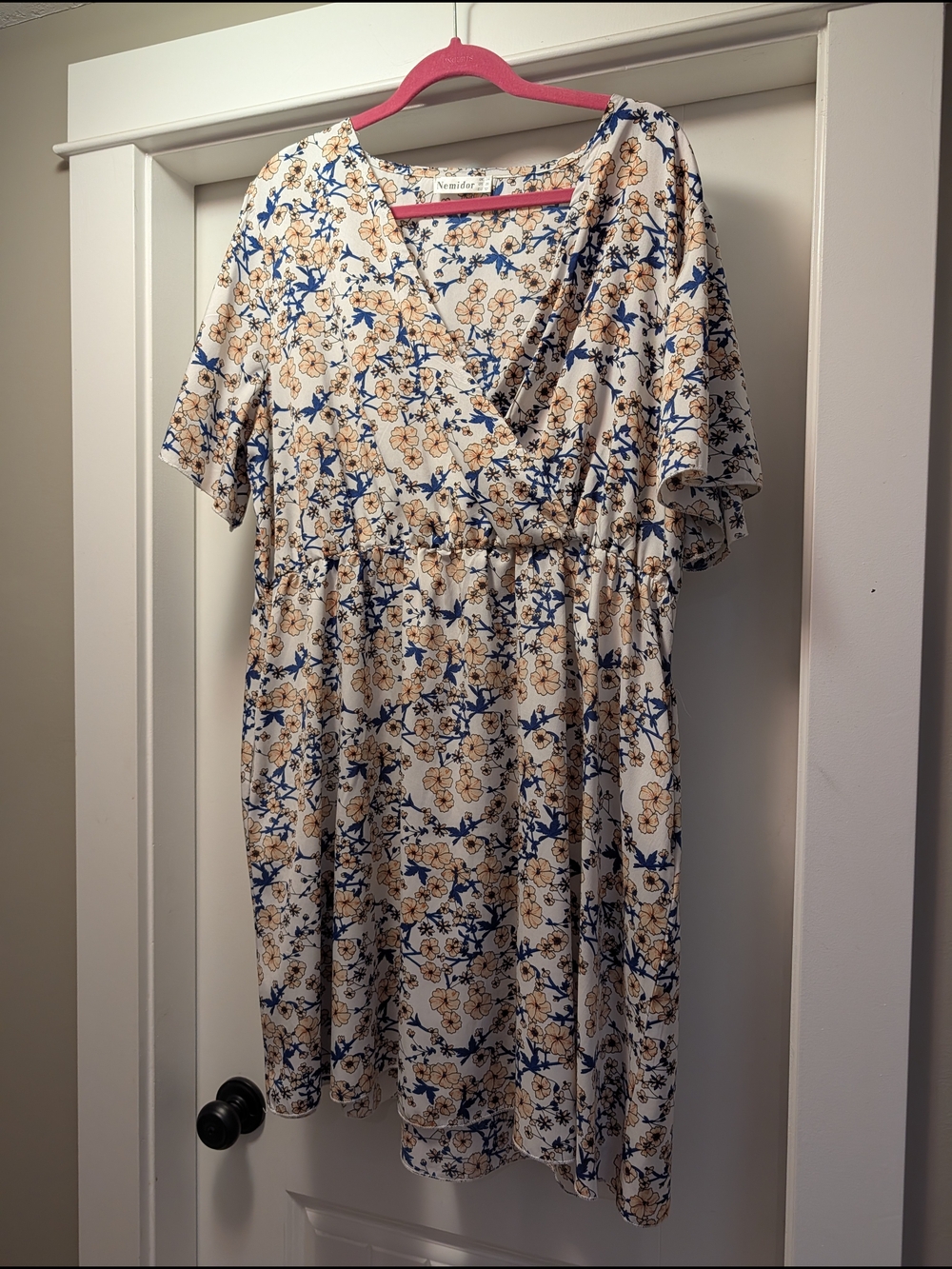 Floral Wrap-Style Women's Dress in Cream and Blue